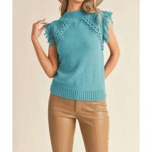 NEW PINKBLUSH cable fringe sweater in turquoise